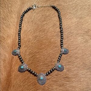 Turquoise Accent Bead Necklace with Silver-Tone Medallions